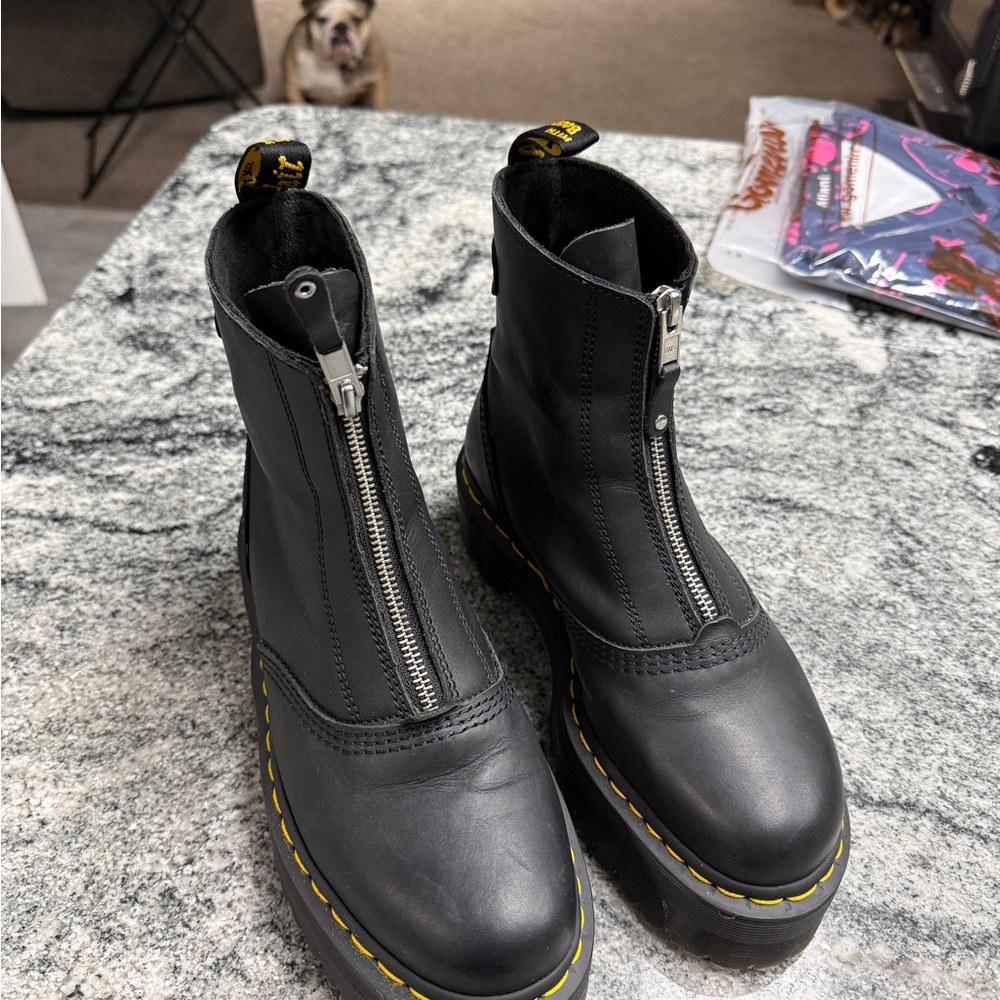 Dr. Martens Black Leather Front-Zip Platform Boots with Yellow Stitching - Picture 2 of 6